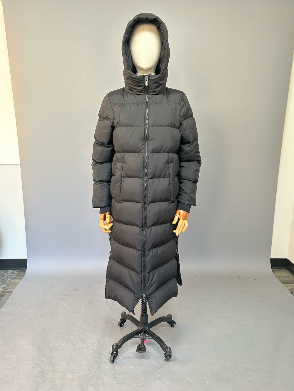 Simons Black Long Hooded Puffer Coat